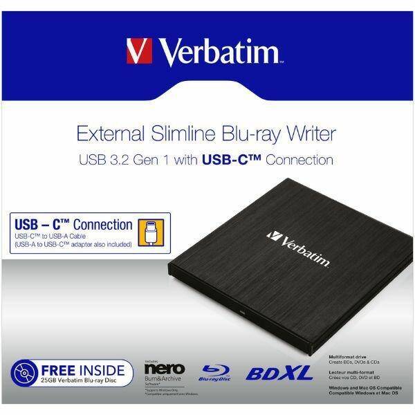 Verbatim Zewnętrzna nagrywarka Slimline CD/DVD USB-C + kabel USB-C/USB-C do USB-A 3.2 czarny/black 43886