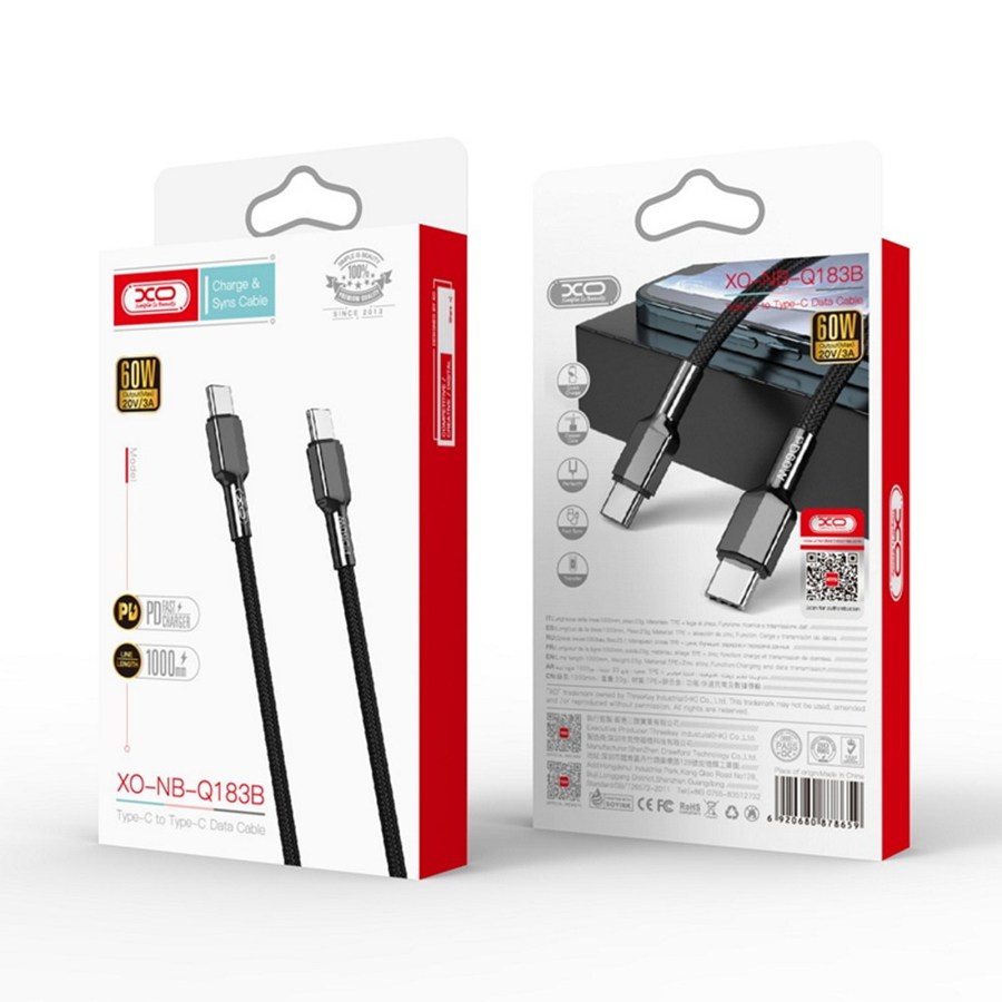 XO kabel NB183B PD USB-C - USB-C 1,0m 60W czarny