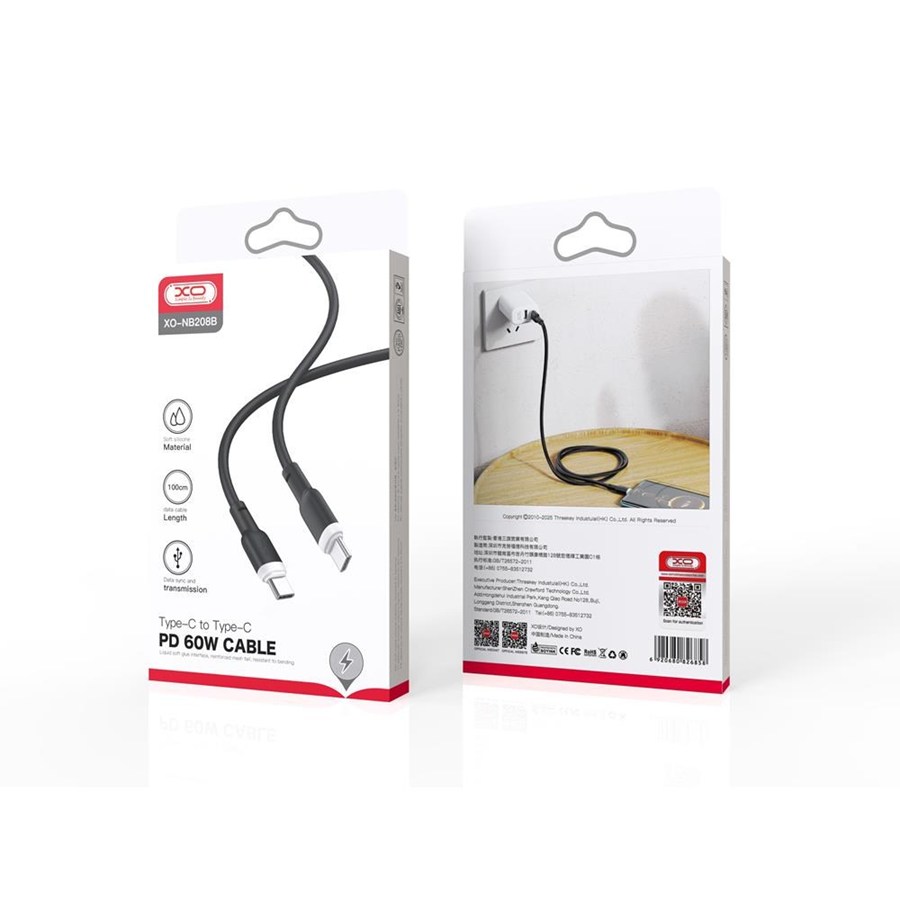 XO kabel NB208B PD USB-C - USB-C 1,0m 60W czarny