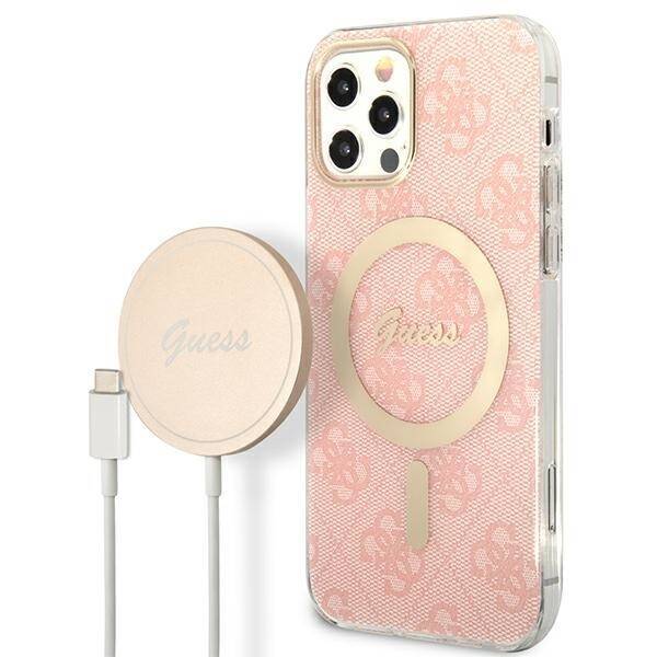 ZESTAW GUESS GUBPP12MH4EACSP CASE+ CHARGER IPHONE 12/12 PRO RÓŻOWY/PINK HARD CASE 4G PRINT MAGSAFE