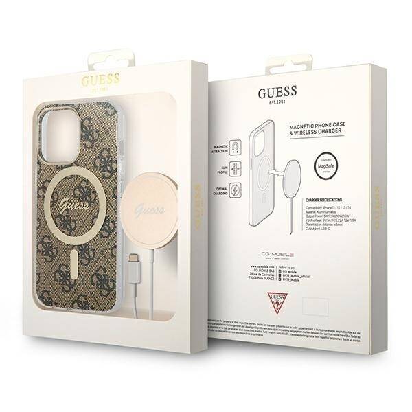 ZESTAW GUESS GUBPP13LH4EACSW CASE+ CHARGER IPHONE 13 PRO BRĄZOWY/BROWN HARD CASE 4G PRINT MAGSAFE