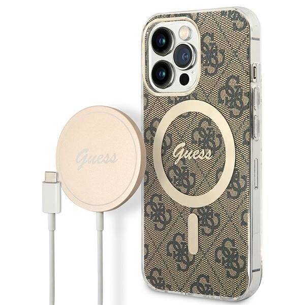 ZESTAW GUESS GUBPP13XH4EACSW CASE+ CHARGER IPHONE 13 PRO MAX BRĄZOWY/BROWN HARD CASE 4G PRINT MAGSAFE