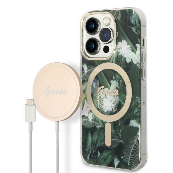 ZESTAW GUESS GUBPP14LHJEACSA CASE+ CHARGER IPHONE 14 PRO 6,1" ZIELONY/GREEN HARD CASE JUNGLE MAGSAFE