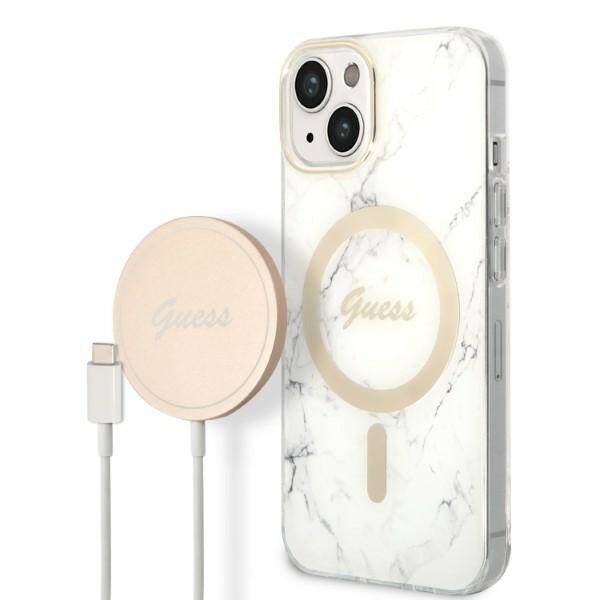 ZESTAW GUESS GUBPP14MHMEACSH CASE+ CHARGER IPHONE 14 PLUS / 15 PLUS 6.7" BIAŁY/WHITE HARD CASE MARBLE MAGSAFE