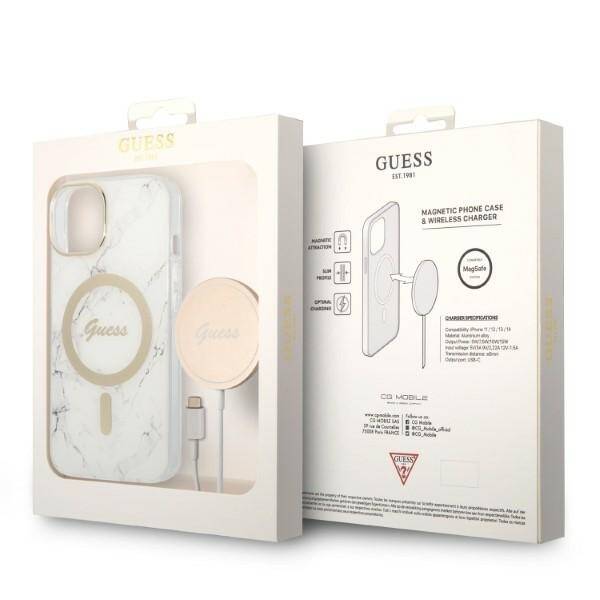 ZESTAW GUESS GUBPP14MHMEACSH CASE+ CHARGER IPHONE 14 PLUS / 15 PLUS 6.7" BIAŁY/WHITE HARD CASE MARBLE MAGSAFE