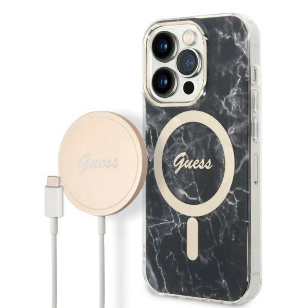 ZESTAW GUESS GUBPP14XHMEACSK CASE+ CHARGER IPHONE 14 PRO MAX 6,7" CZARNY/BLACK HARD CASE MARBLE MAGSAFE