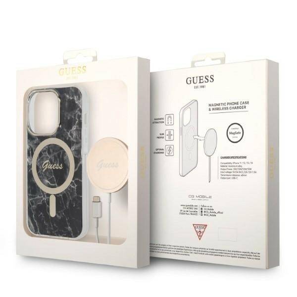 ZESTAW GUESS GUBPP14XHMEACSK CASE+ CHARGER IPHONE 14 PRO MAX 6,7" CZARNY/BLACK HARD CASE MARBLE MAGSAFE