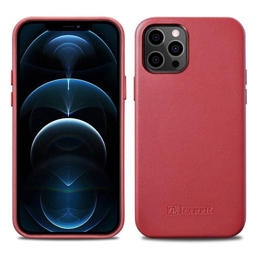 iCarer Case Leather pokrowiec etui z naturalnej skóry do iPhone 12 Pro Max czerwony (WMI1217-RD) (kompatybilne z MagSafe)