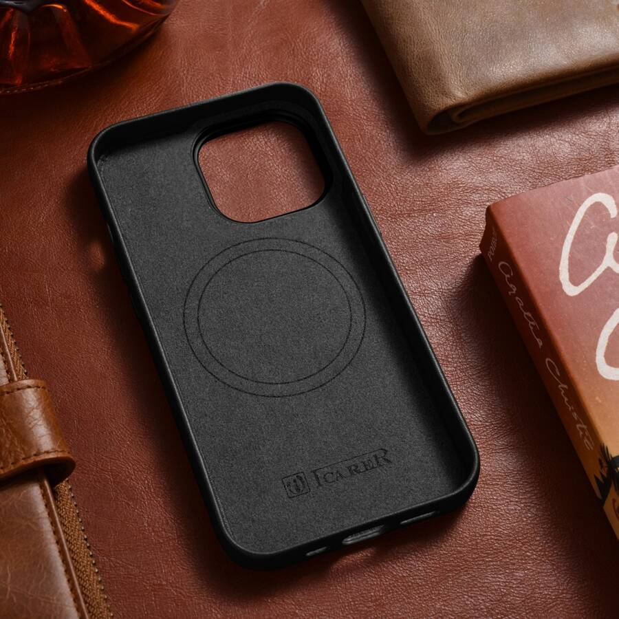 iCarer Case Leather pokrowiec etui z naturalnej skóry do iPhone 14 Pro Max czarny (WMI14220708-BK) (kompatybilne z MagSafe)