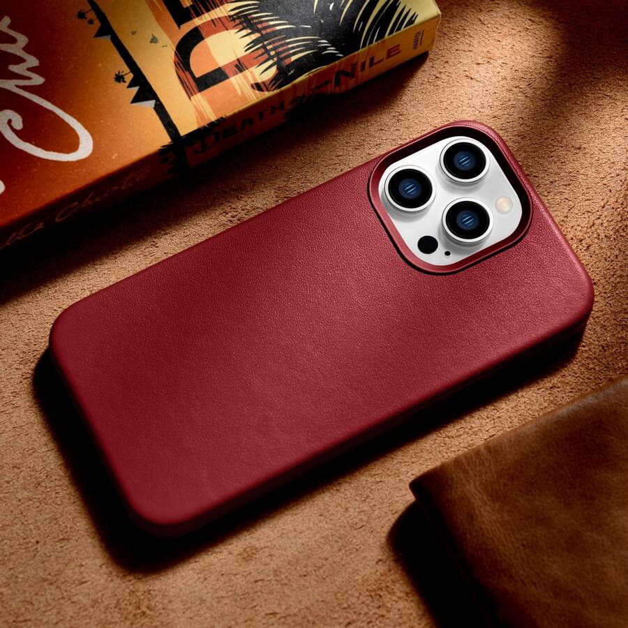 iCarer Case Leather pokrowiec etui z naturalnej skóry do iPhone 14 Pro Max czerwony (WMI14220708-RD) (kompatybilne z MagSafe)
