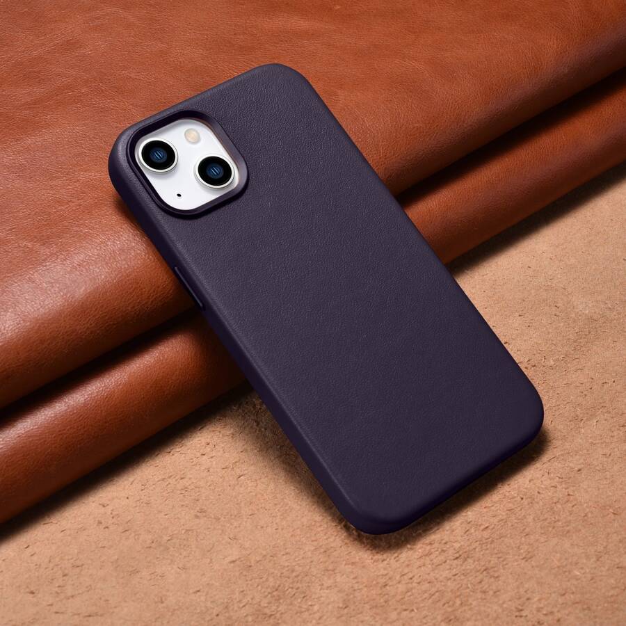 iCarer Case Leather pokrowiec etui z naturalnej skóry do iPhone 14 ciemnofioletowy (WMI14220705-DP) (kompatybilne z MagSafe)
