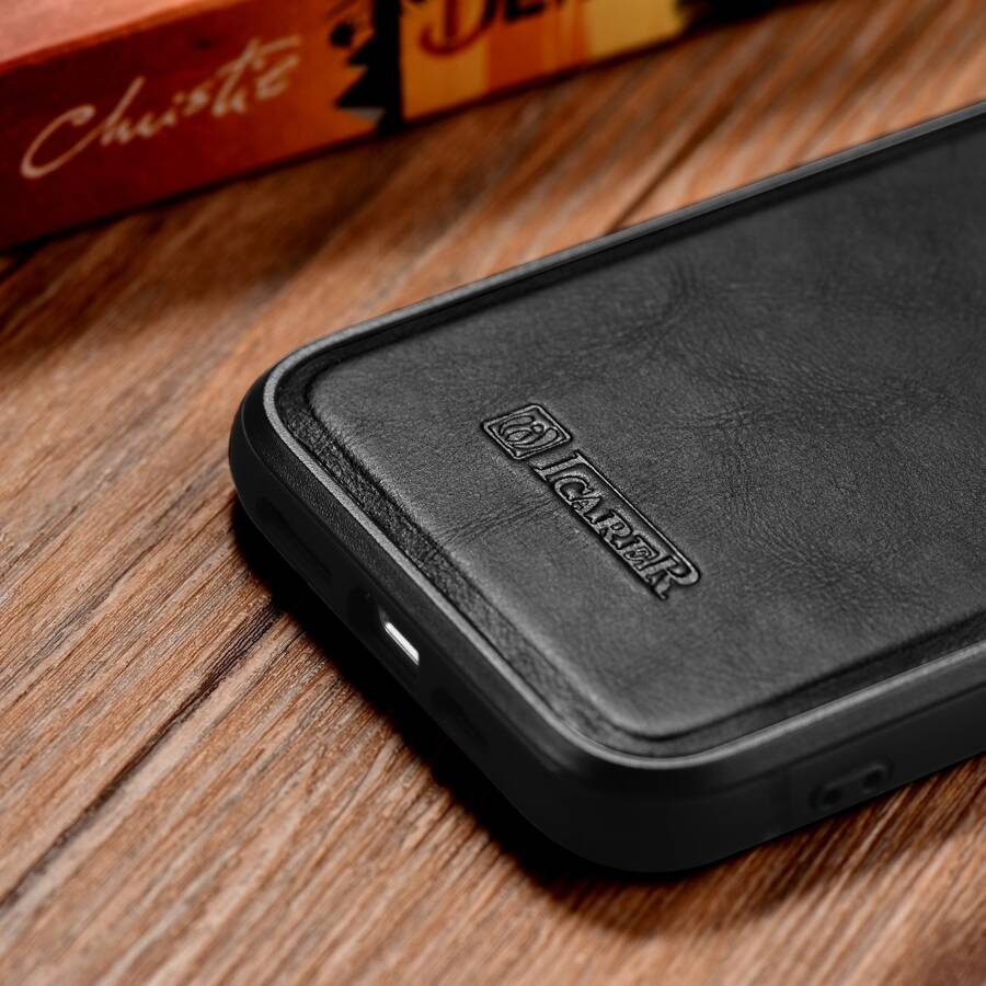 iCarer Leather Oil Wax etui pokryte naturalną skórą do iPhone 14 Pro Max (kompatybilne z MagSafe) czarny (WMI14220720-BK)