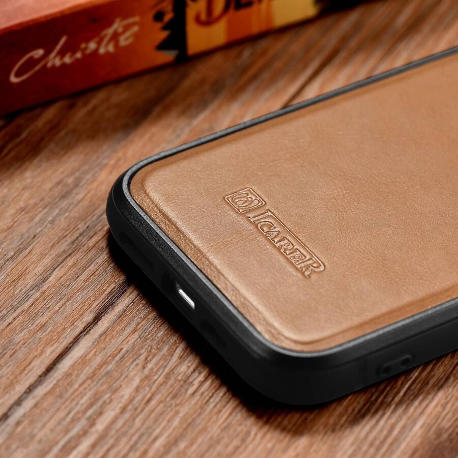 iCarer Leather Oil Wax etui pokryte naturalną skórą do iPhone 14 Pro (kompatybilne z MagSafe) brązowy (WMI14220718-TN)