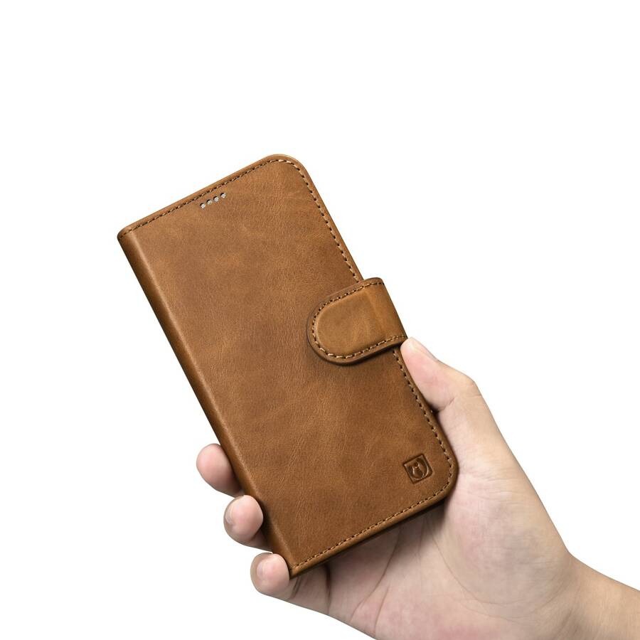 iCarer Oil Wax Wallet Case 2in1 etui iPhone 14 Pro Max skórzany pokrowiec z klapką Anti-RFID brązowy (WMI14220724-TN)