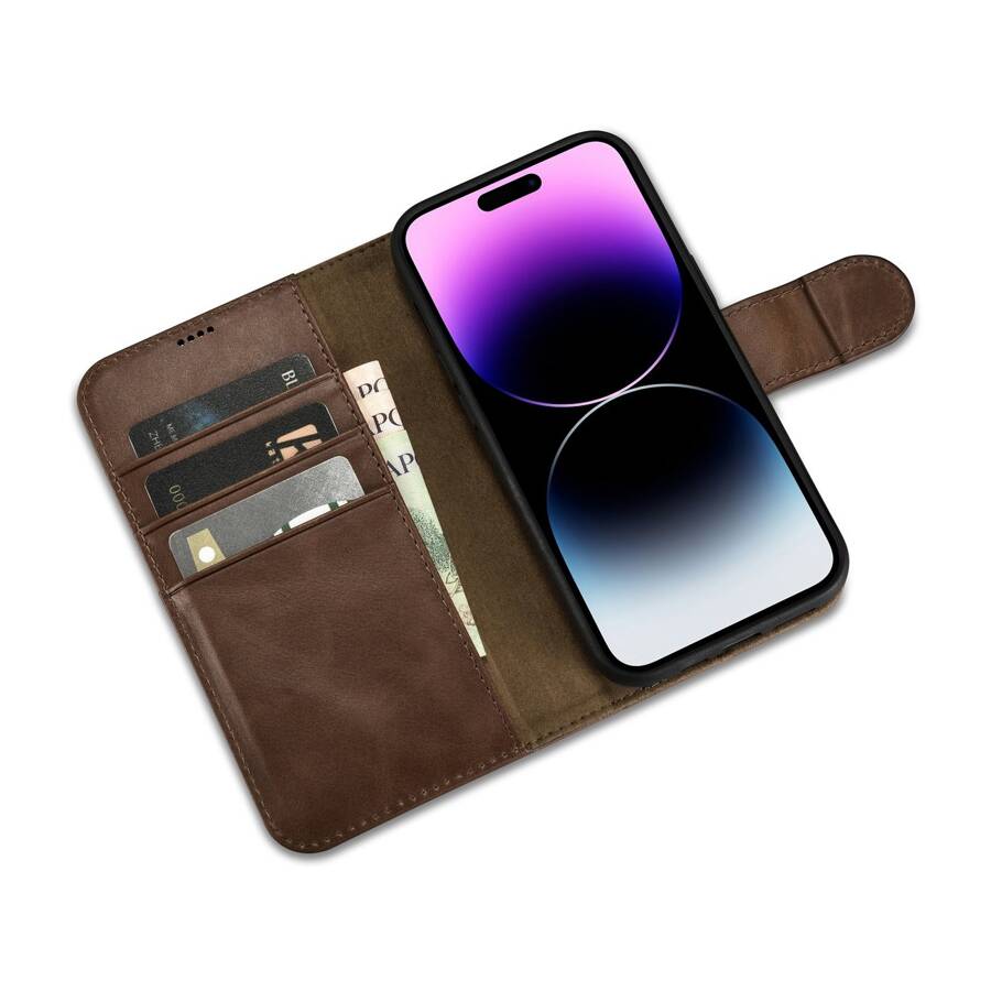 iCarer Oil Wax Wallet Case 2in1 etui iPhone 14 Pro skórzany pokrowiec z klapką Anti-RFID brązowy (WMI14220722-BN)