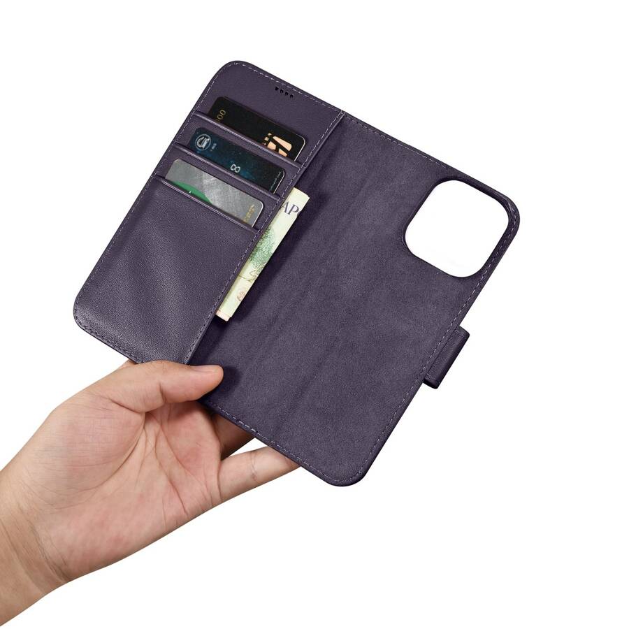 iCarer Wallet Case 2in1 etui iPhone 14 Pro skórzany pokrowiec z klapką Anti-RFID ciemnofioletowy (WMI14220726-DP)