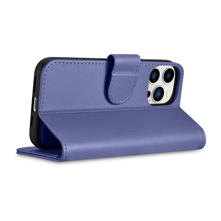 iCarer Wallet Case 2in1 etui iPhone 14 Pro skórzany pokrowiec z klapką Anti-RFID jasnofioletowy (WMI14220726-LP)