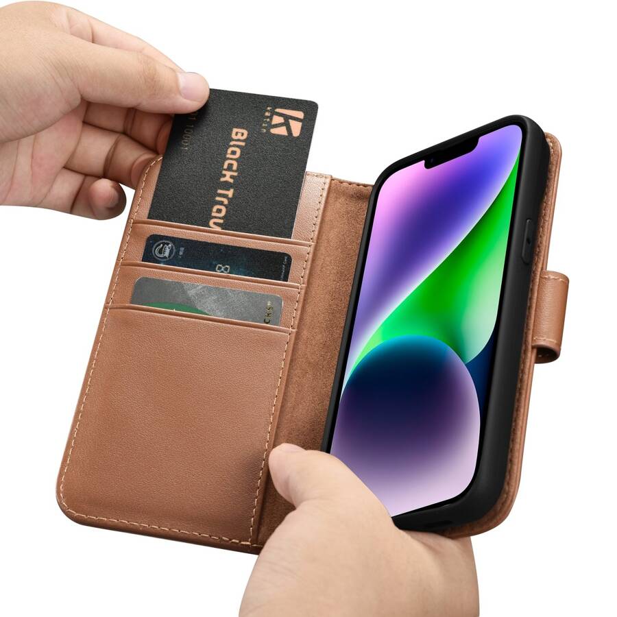 iCarer Wallet Case 2in1 etui iPhone 14 skórzany pokrowiec z klapką Anti-RFID brązowy (WMI14220725-BN)