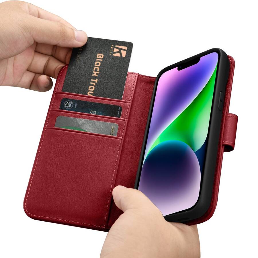 iCarer Wallet Case 2in1 etui iPhone 14 skórzany pokrowiec z klapką Anti-RFID czerwony (WMI14220725-RD)