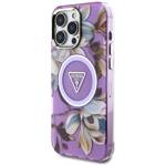 Etui Guess Glitter Flowers Triangle       Buttons MagSafe do iPhone 16 Pro Max fioletowy